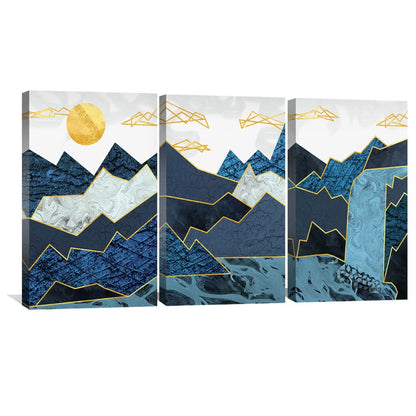 Tranquil Abstract Waterfall Landscape Painting with Majestic Mountains and Golden Accents