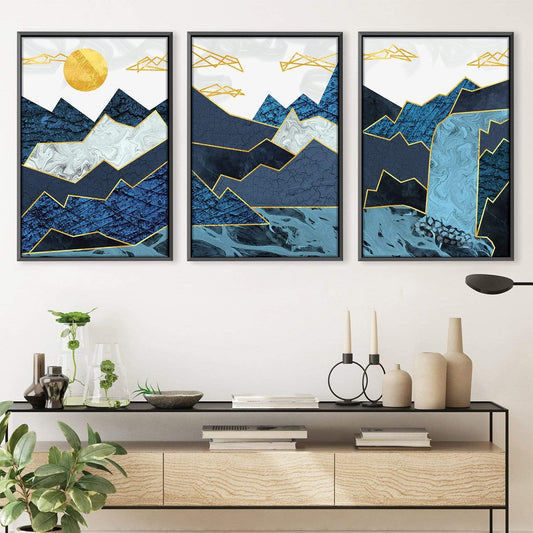 Tranquil Abstract Waterfall Landscape Painting with Majestic Mountains and Golden Accents