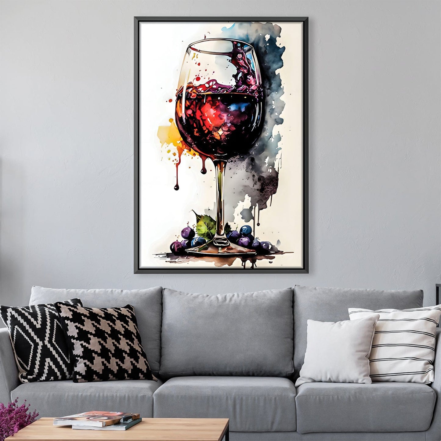 Vibrant Abstract Wine Glass Painting with Grapes for Modern Dining Decor