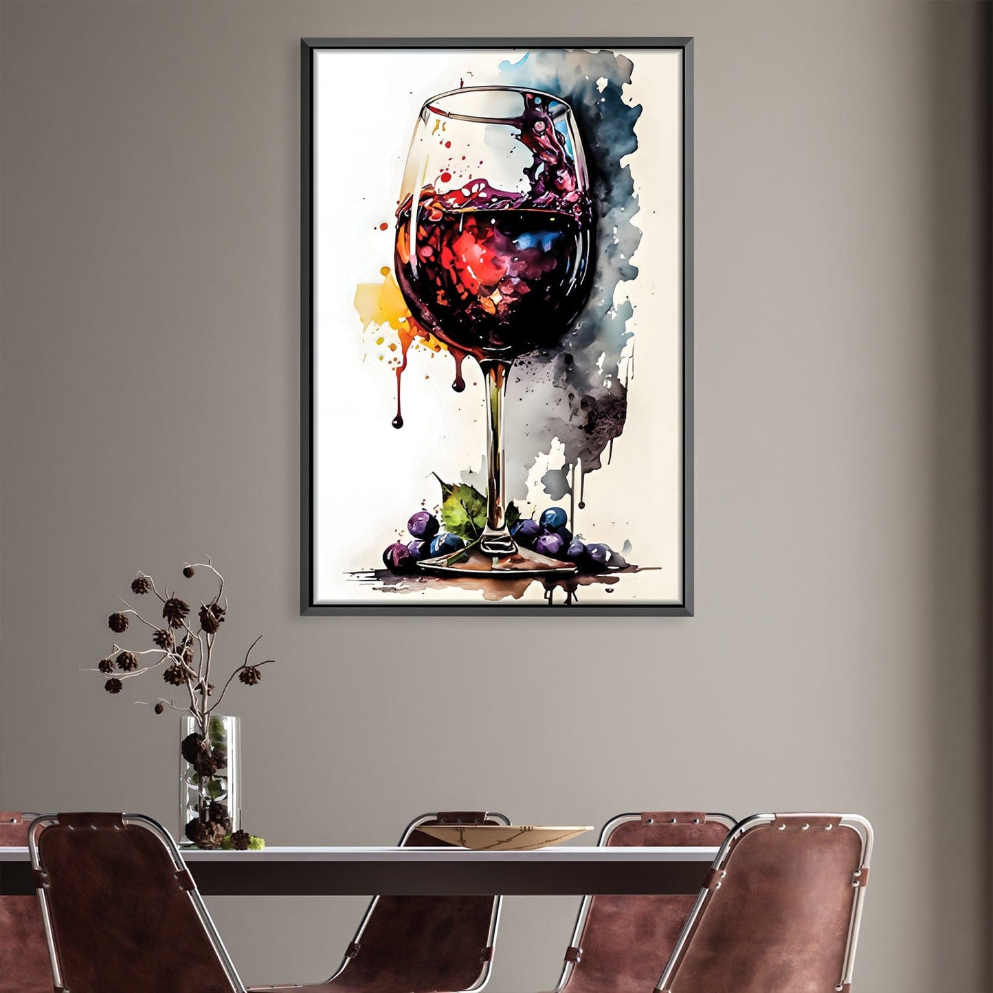 Vibrant Abstract Wine Glass Painting with Grapes for Modern Dining Decor