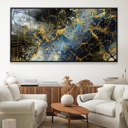 Stunning Abstract Oil Painting with Gold and Blue Textures for Modern Decor