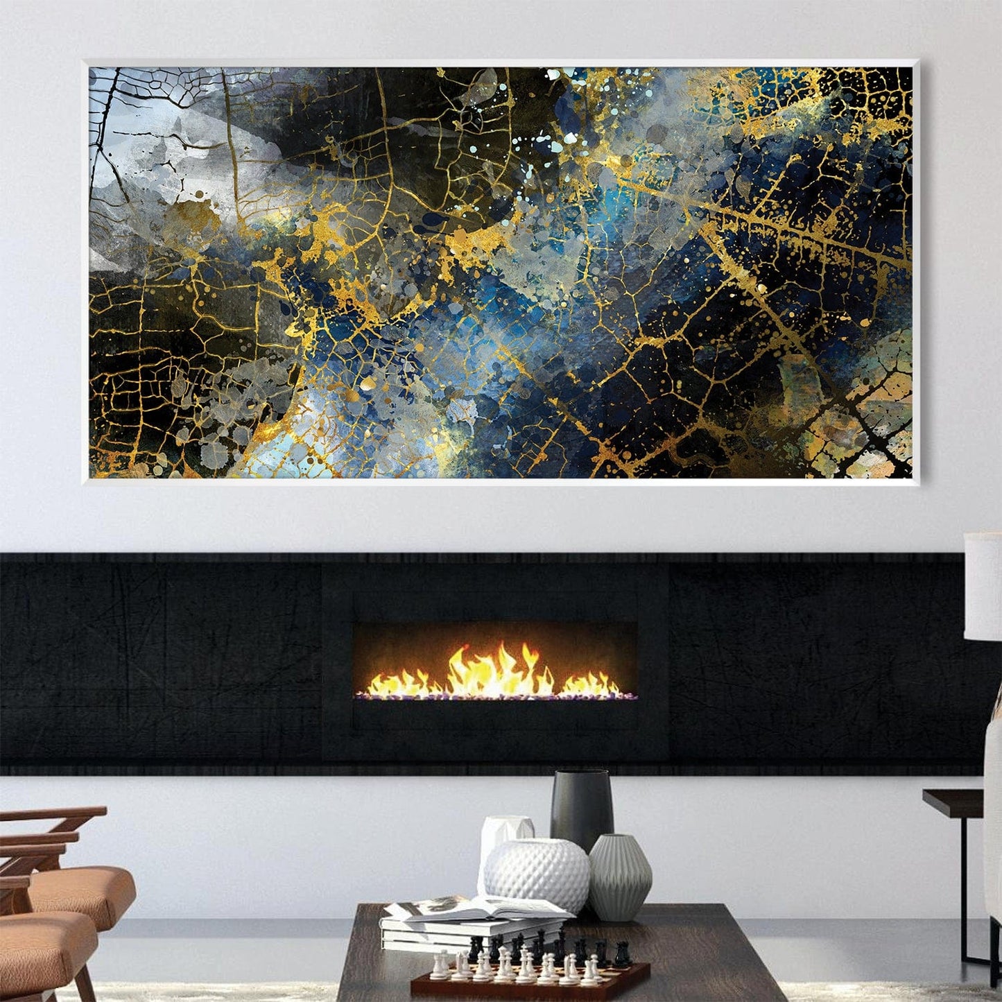 Stunning Abstract Oil Painting with Gold and Blue Textures for Modern Decor