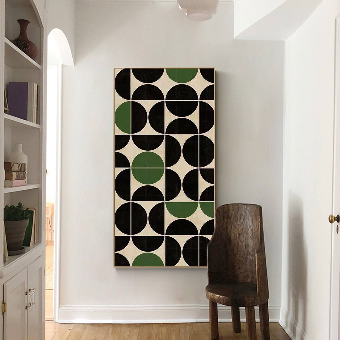 Abstract Geometric Oil Painting in Black and Green for Modern Minimalist Decor