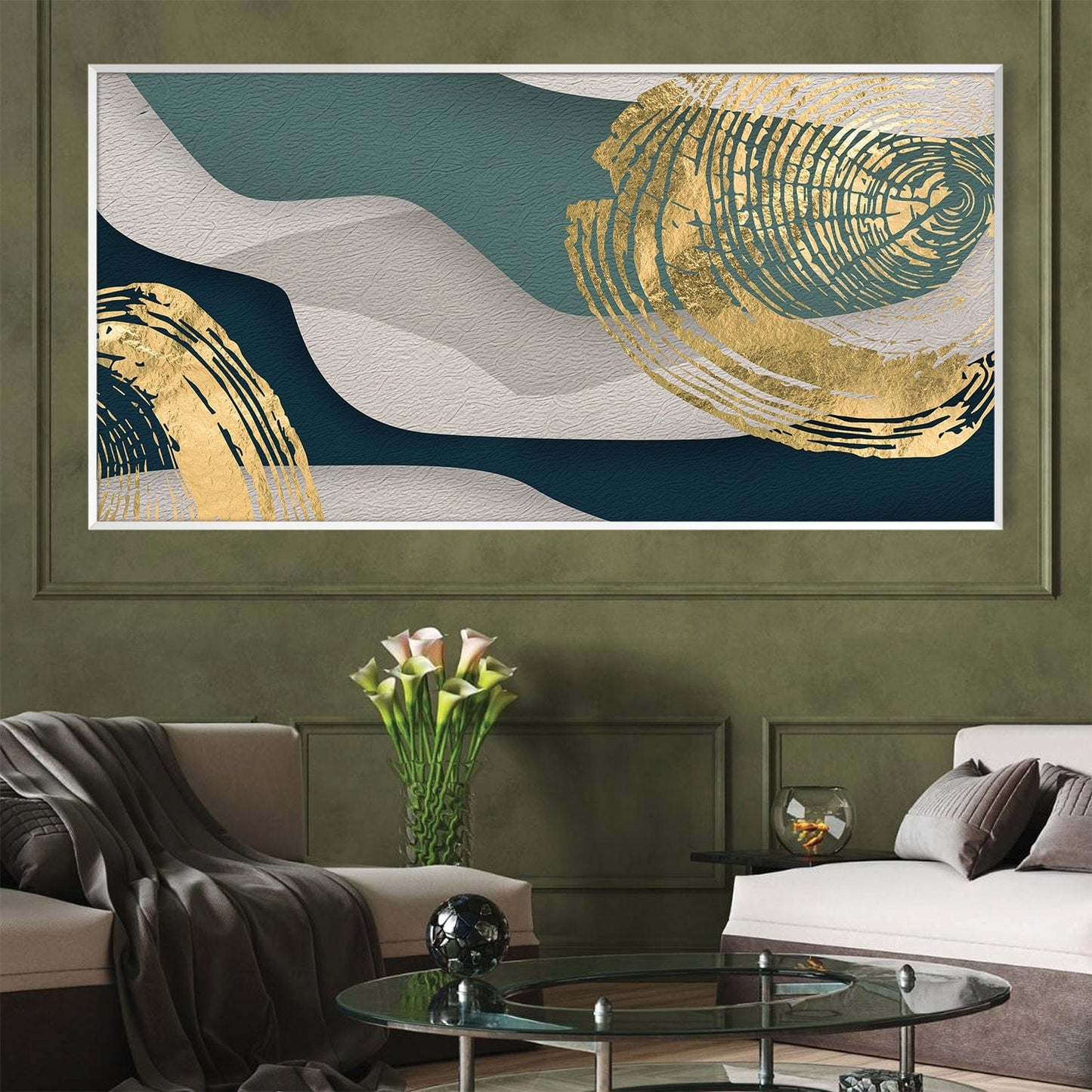 Abstract Waves with Gold Accents Oil Painting for Modern Decor