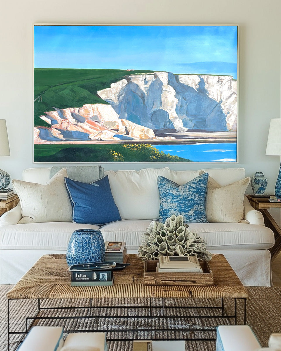 Coastal Bliss: Exquisite Oil Painting of Serene Cliffs and Tranquil Waters