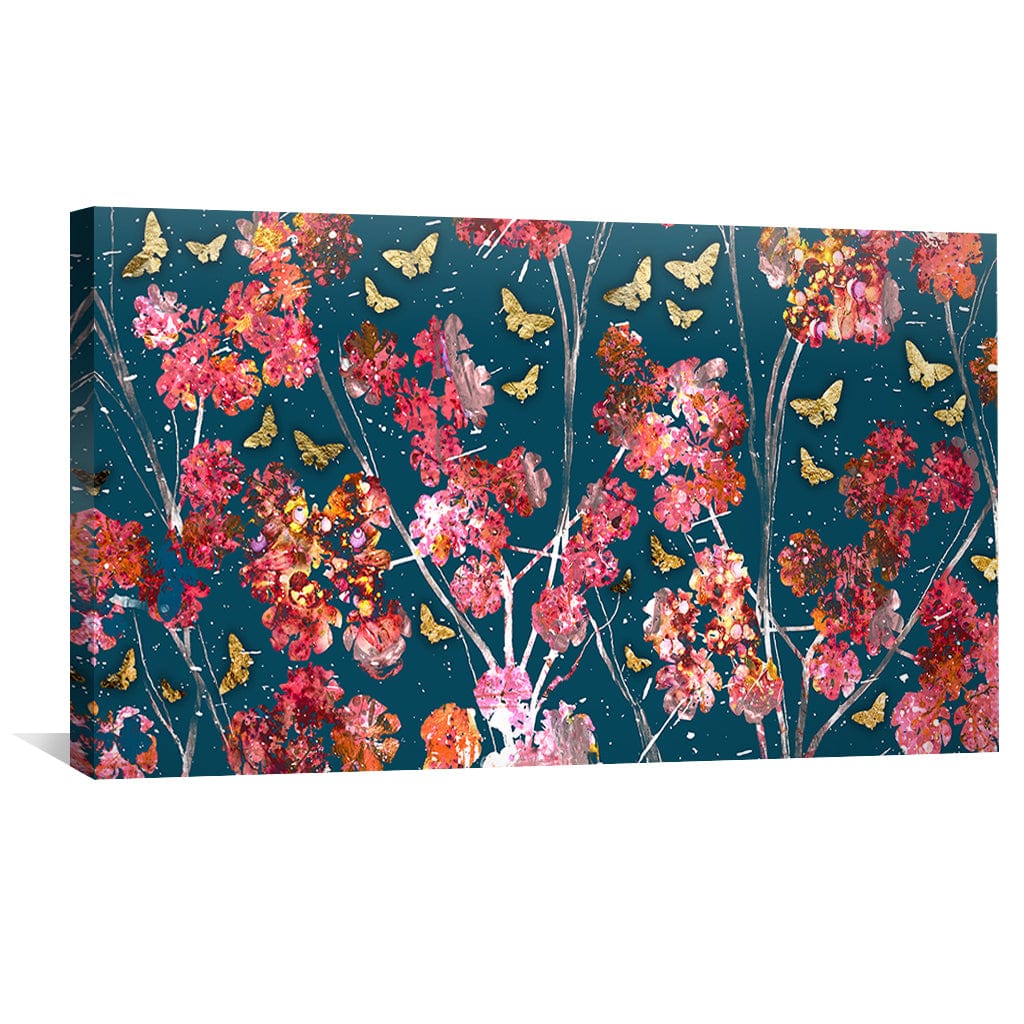 Vibrant Floral Oil Painting with Butterflies on Deep Blue Canvas