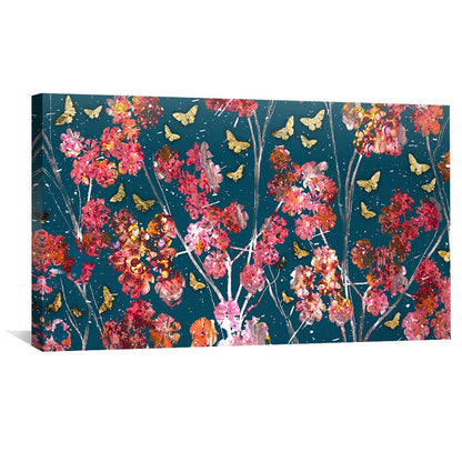 Vibrant Floral Oil Painting with Butterflies on Deep Blue Canvas