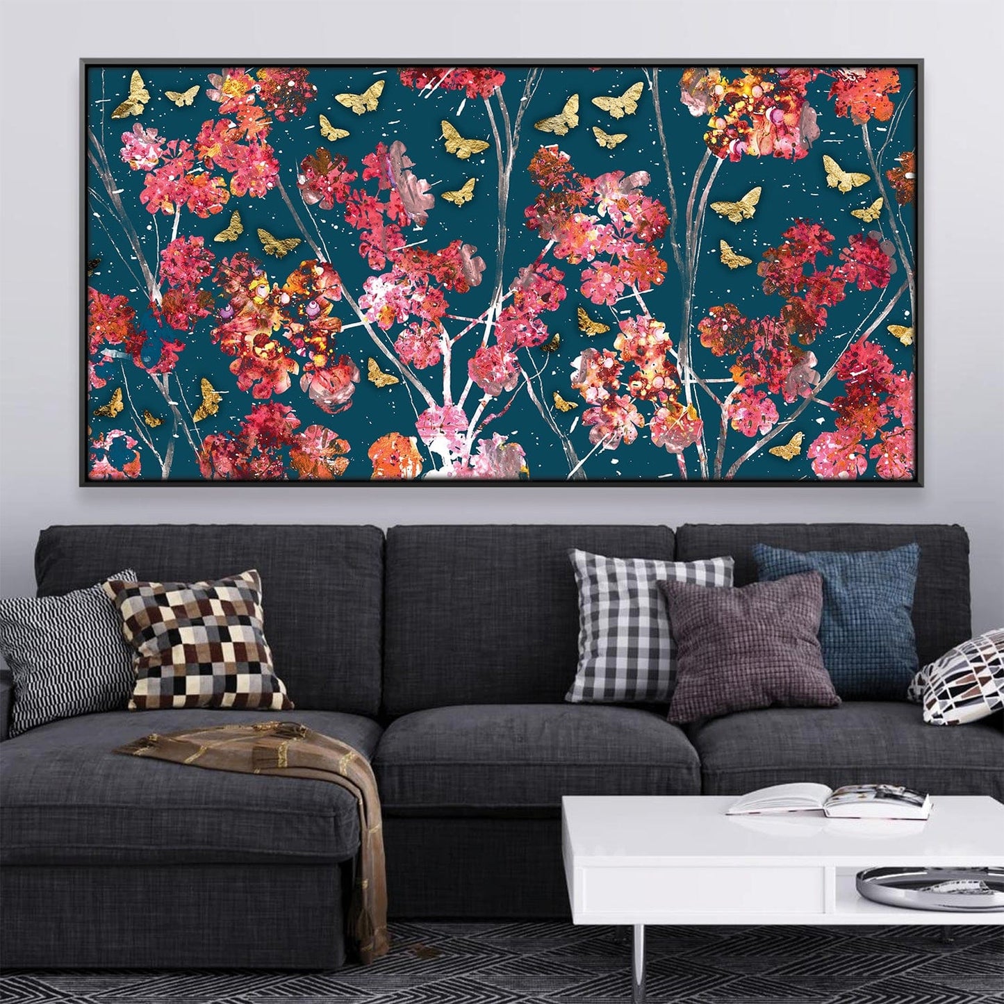 Vibrant Floral Oil Painting with Butterflies on Deep Blue Canvas