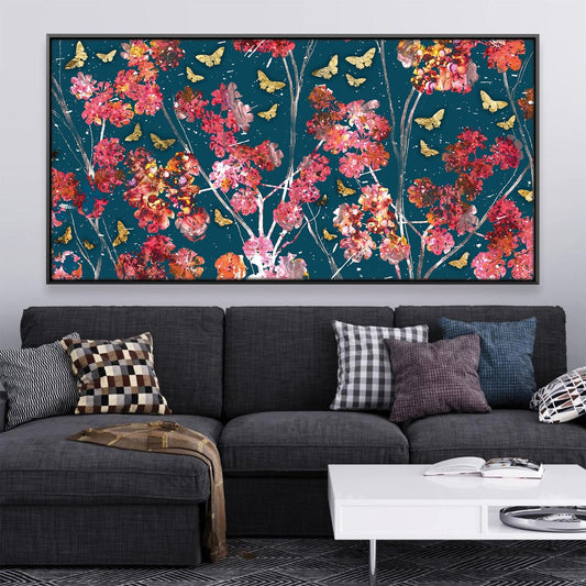 Vibrant Floral Oil Painting with Butterflies on Deep Blue Canvas