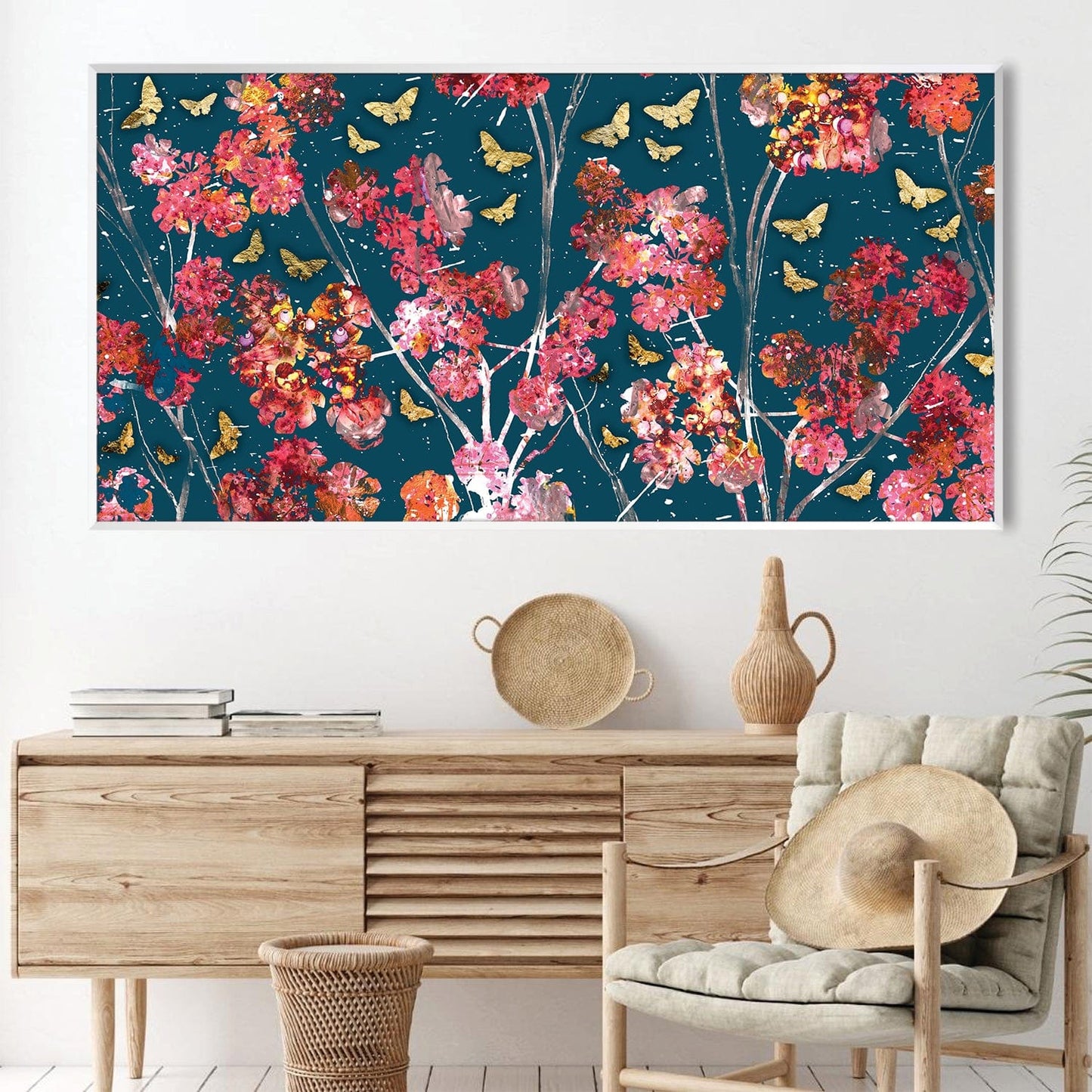Vibrant Floral Oil Painting with Butterflies on Deep Blue Canvas
