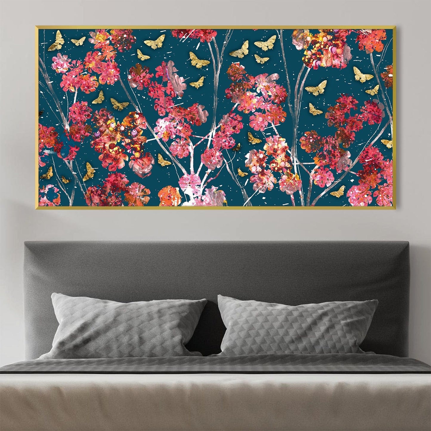 Vibrant Floral Oil Painting with Butterflies on Deep Blue Canvas