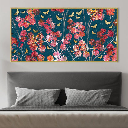 Vibrant Floral Oil Painting with Butterflies on Deep Blue Canvas