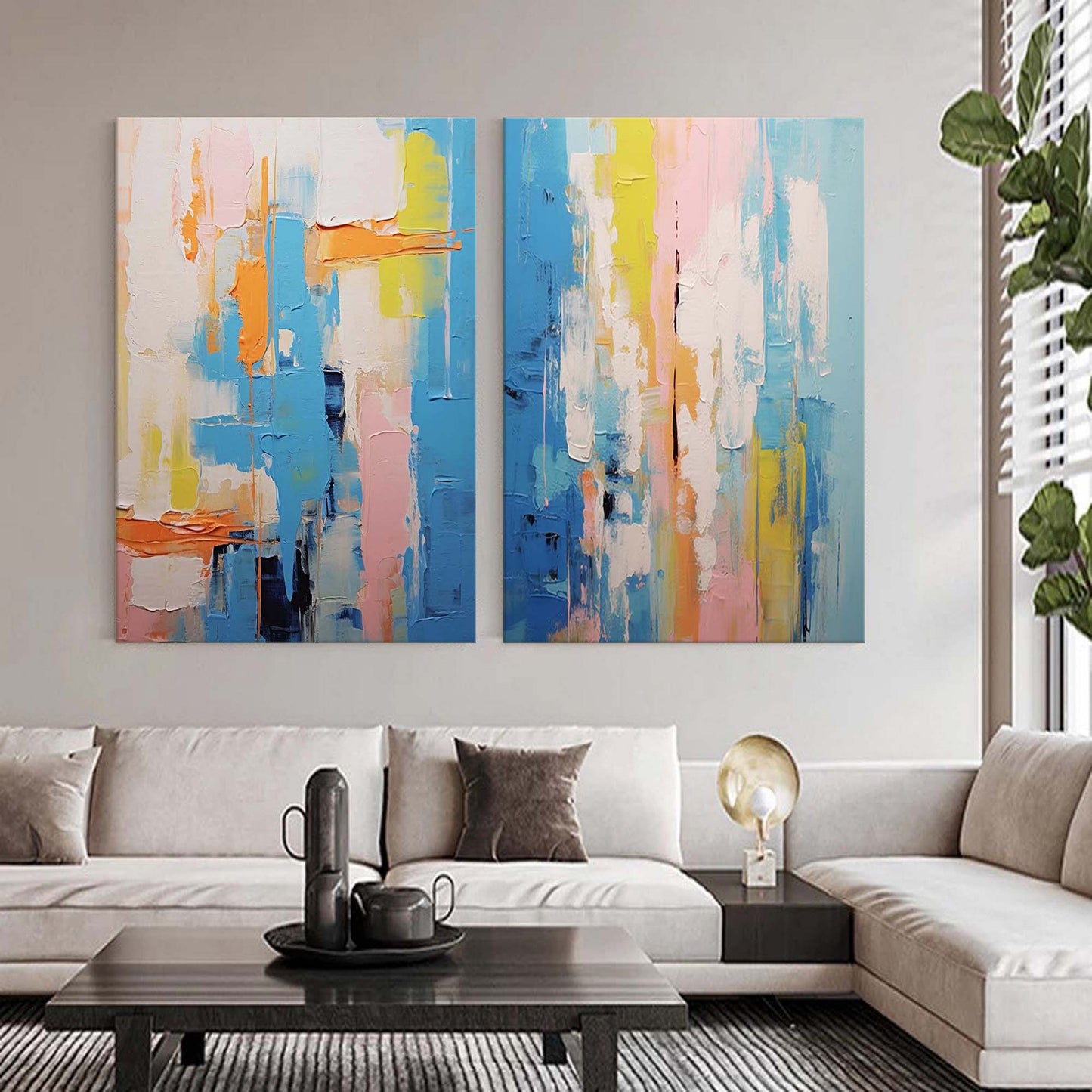 Vibrant Abstract Oil Painting Set in Blue, Pink, and Yellow for Modern Home Decor