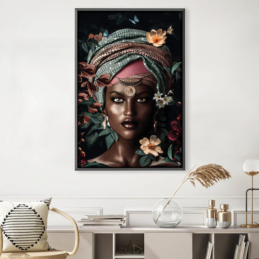 Elegant African Woman Portrait with Floral Accents in Canvas Art