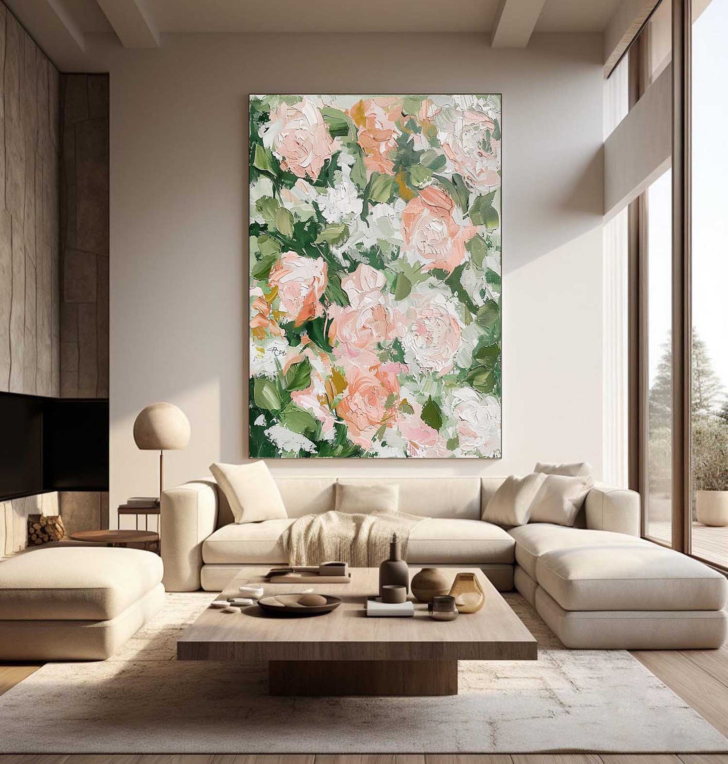 Vibrant Floral Oil Painting with Soft Pink Roses and Lush Greenery