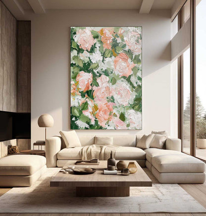 Vibrant Floral Oil Painting with Soft Pink Roses and Lush Greenery