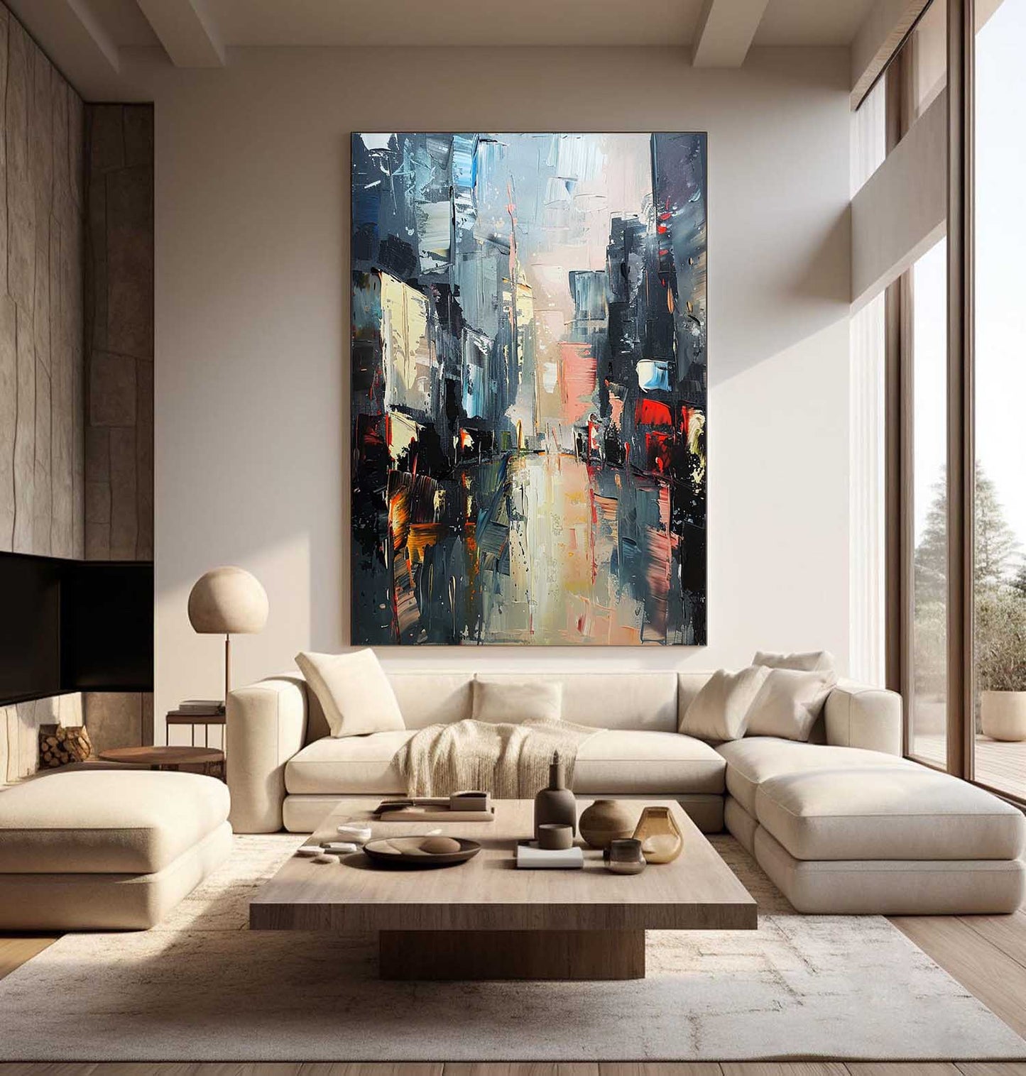 Vibrant Urban Landscape Oil Painting – Modern Cityscape Art for Home Decor