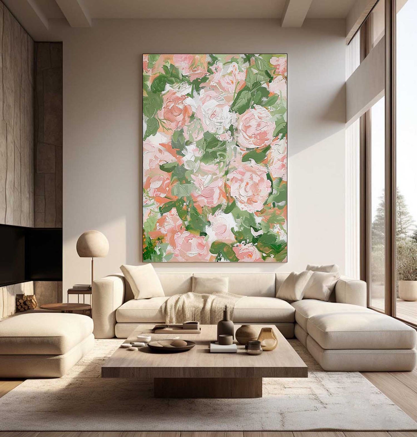 Vibrant Floral Oil Painting with Soft Pink and Green Hues for Elegant Home Decor