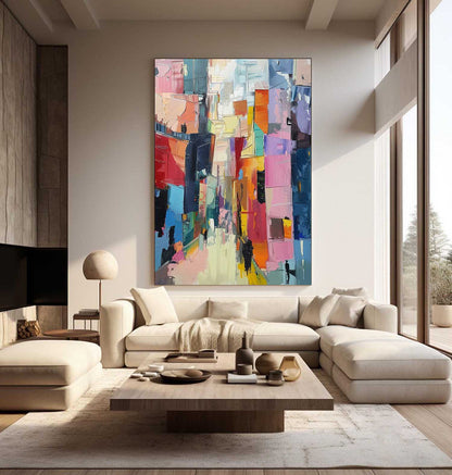 Vibrant Abstract Cityscape Oil Painting in Rich Color Palette for Modern Decor