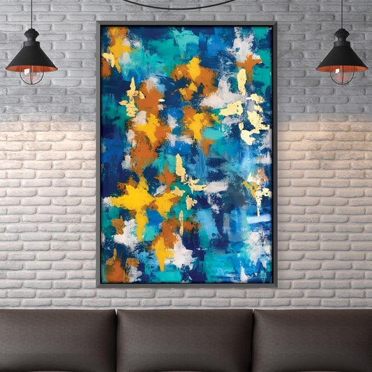 Vibrant Abstract Oil Painting in Blue, Gold, and Orange for Modern Decor