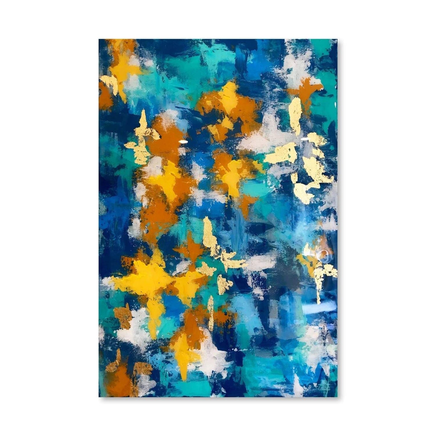 Vibrant Abstract Oil Painting in Blue, Gold, and Orange for Modern Decor