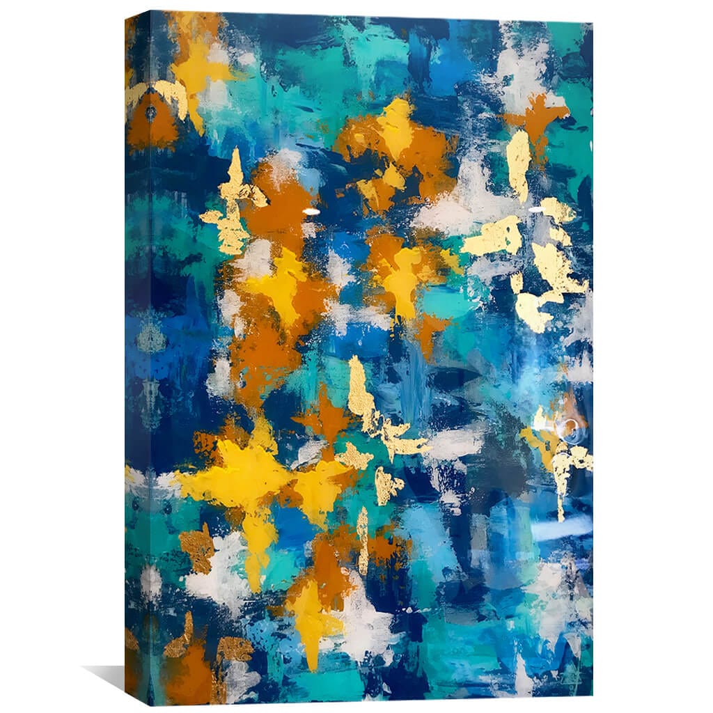 Vibrant Abstract Oil Painting in Blue, Gold, and Orange for Modern Decor