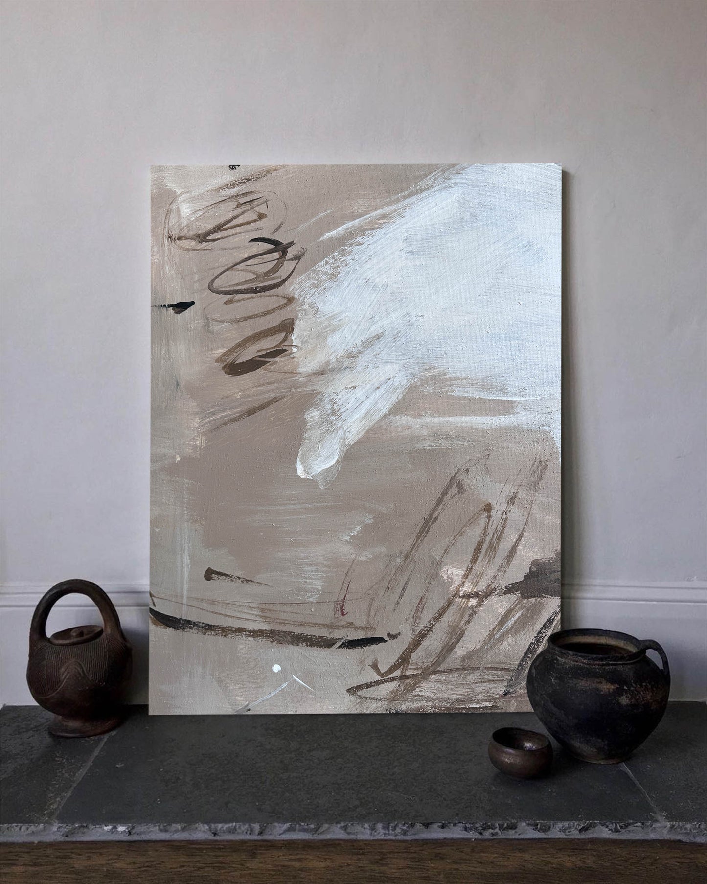 Contemporary Abstract Oil Painting with Dynamic Textures and Muted Colors