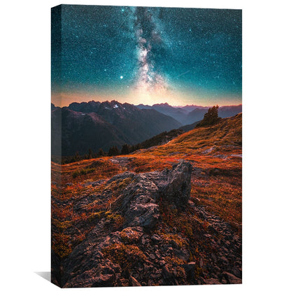 Serene Mountain Landscape with Starry Night Sky - Vibrant Oil Painting