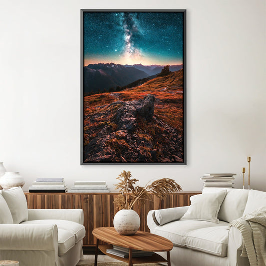 Serene Mountain Landscape with Starry Night Sky - Vibrant Oil Painting