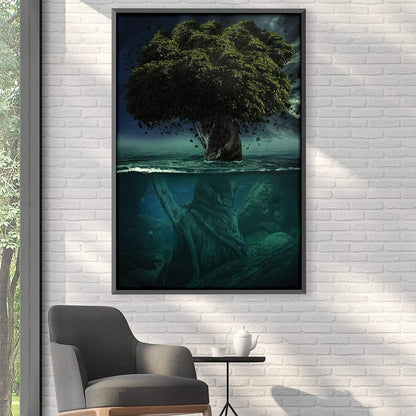 Enigmatic Tree Beneath Water: Deep Nature Oil Painting for Home Decor