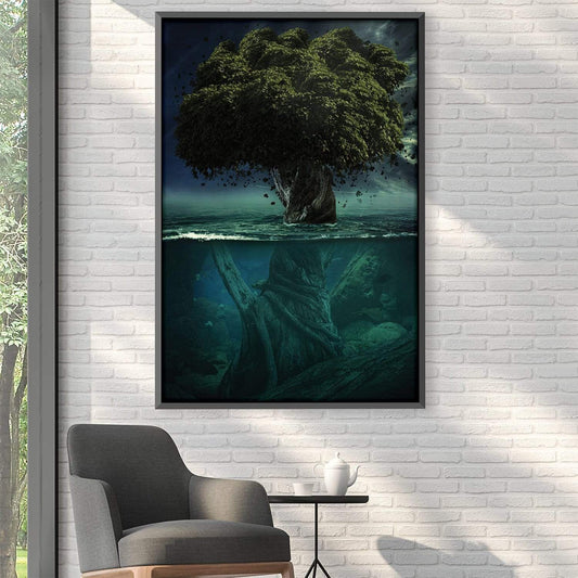 Enigmatic Tree Beneath Water: Deep Nature Oil Painting for Home Decor