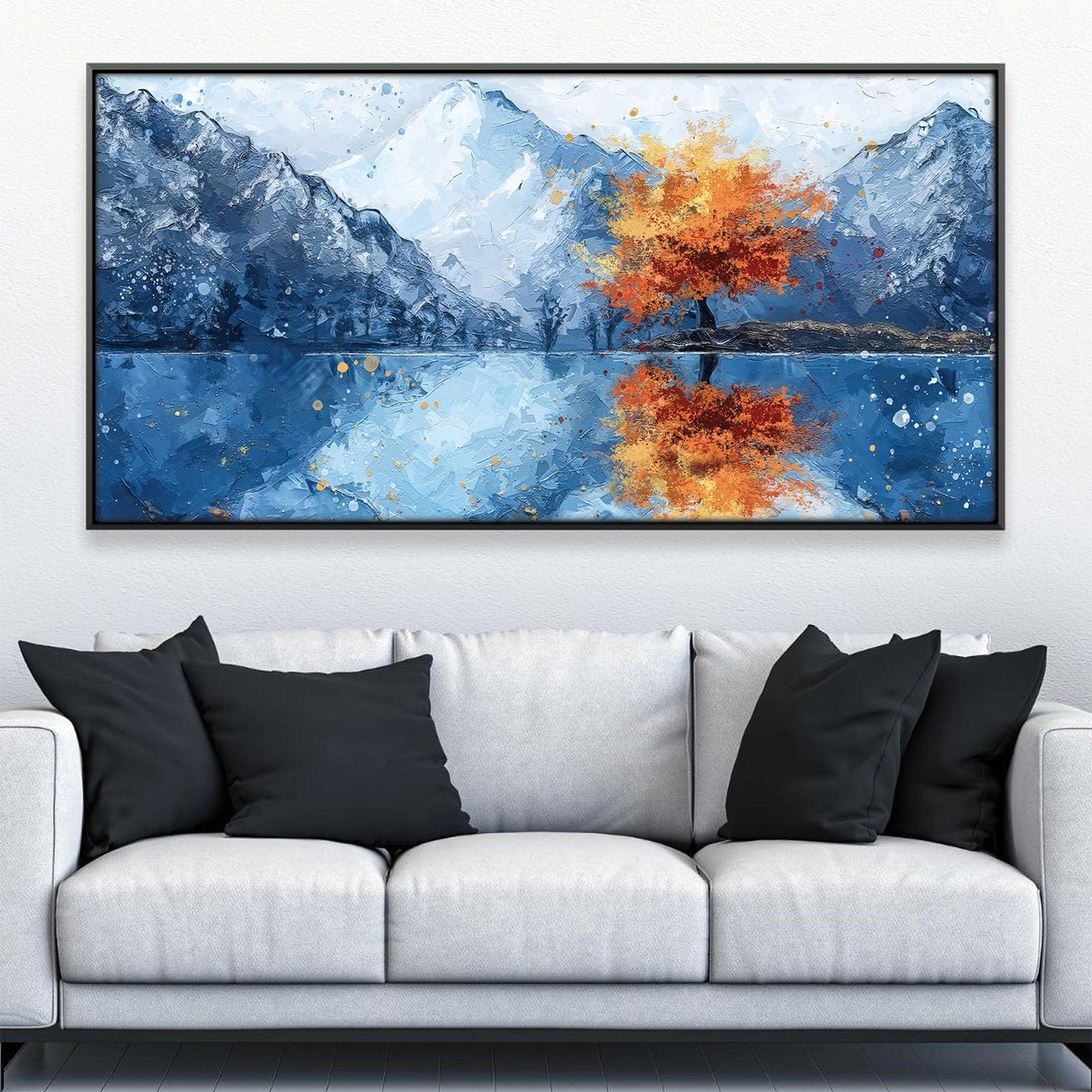 Vibrant Autumn Landscape Oil Painting with Majestic Mountains and Reflective Lake