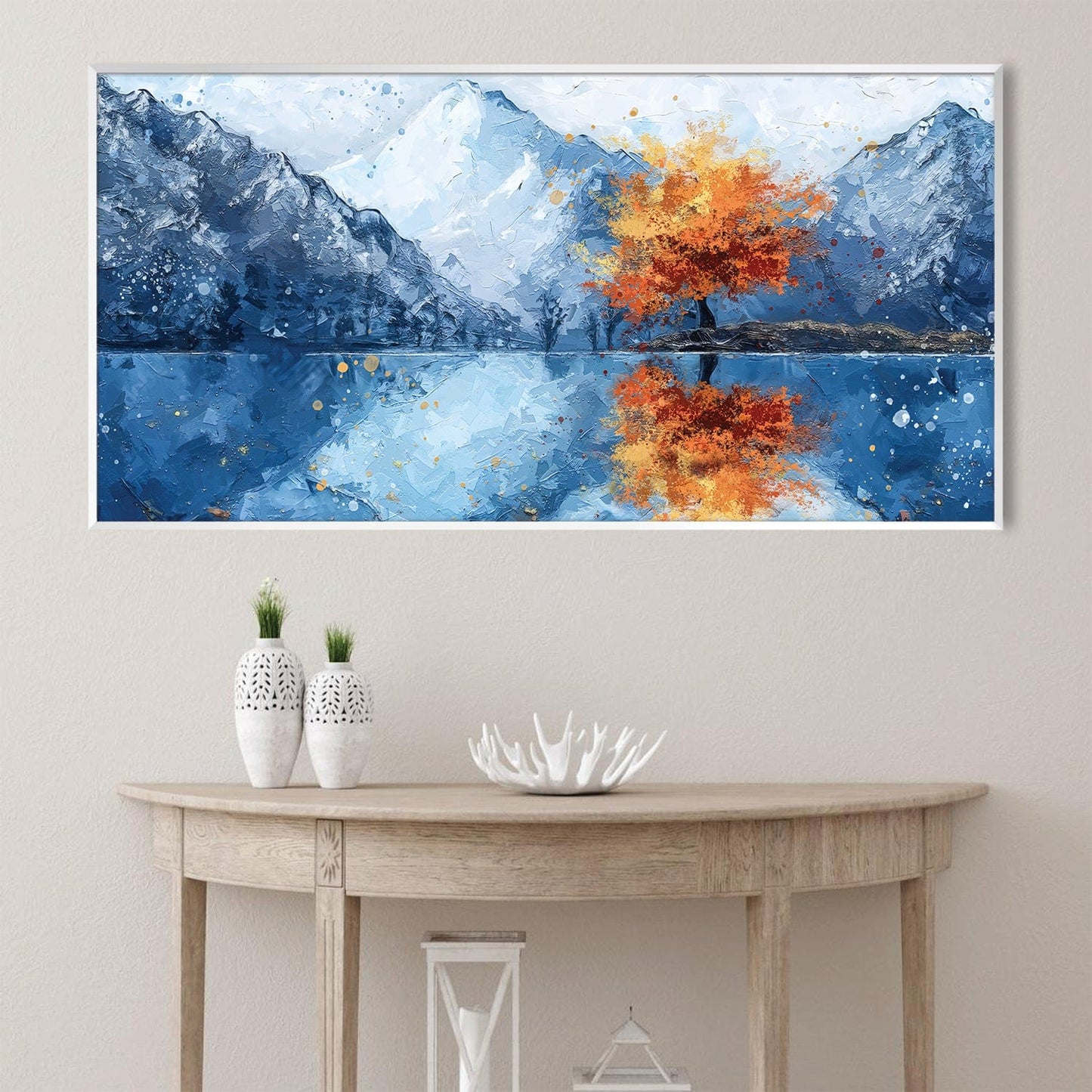 Vibrant Autumn Landscape Oil Painting with Majestic Mountains and Reflective Lake