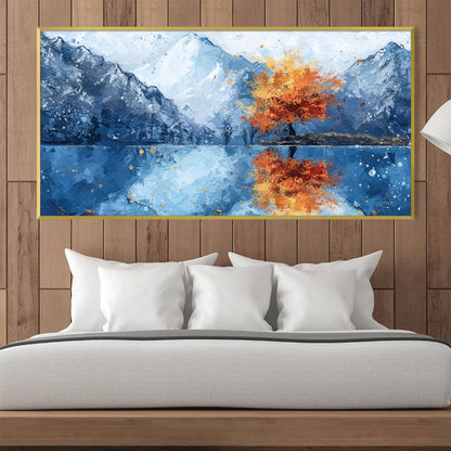 Vibrant Autumn Landscape Oil Painting with Majestic Mountains and Reflective Lake