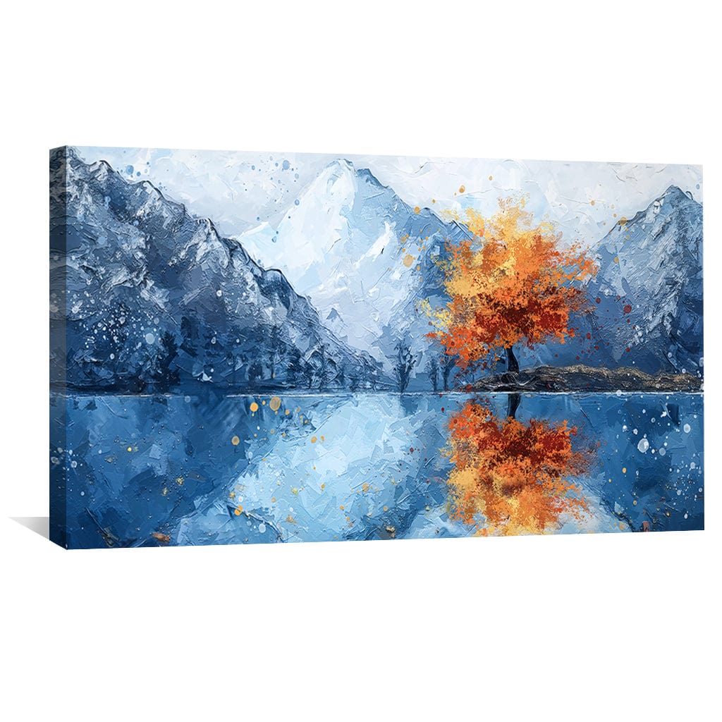 Vibrant Autumn Landscape Oil Painting with Majestic Mountains and Reflective Lake