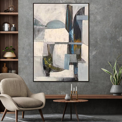 Contemporary Abstract Oil Painting with Geometric Shapes and Subtle Colors