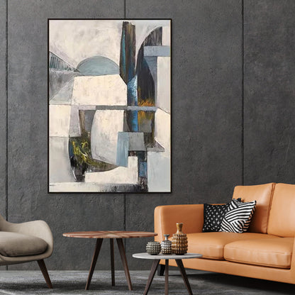 Contemporary Abstract Oil Painting with Geometric Shapes and Subtle Colors