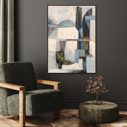 Contemporary Abstract Oil Painting with Geometric Shapes and Subtle Colors