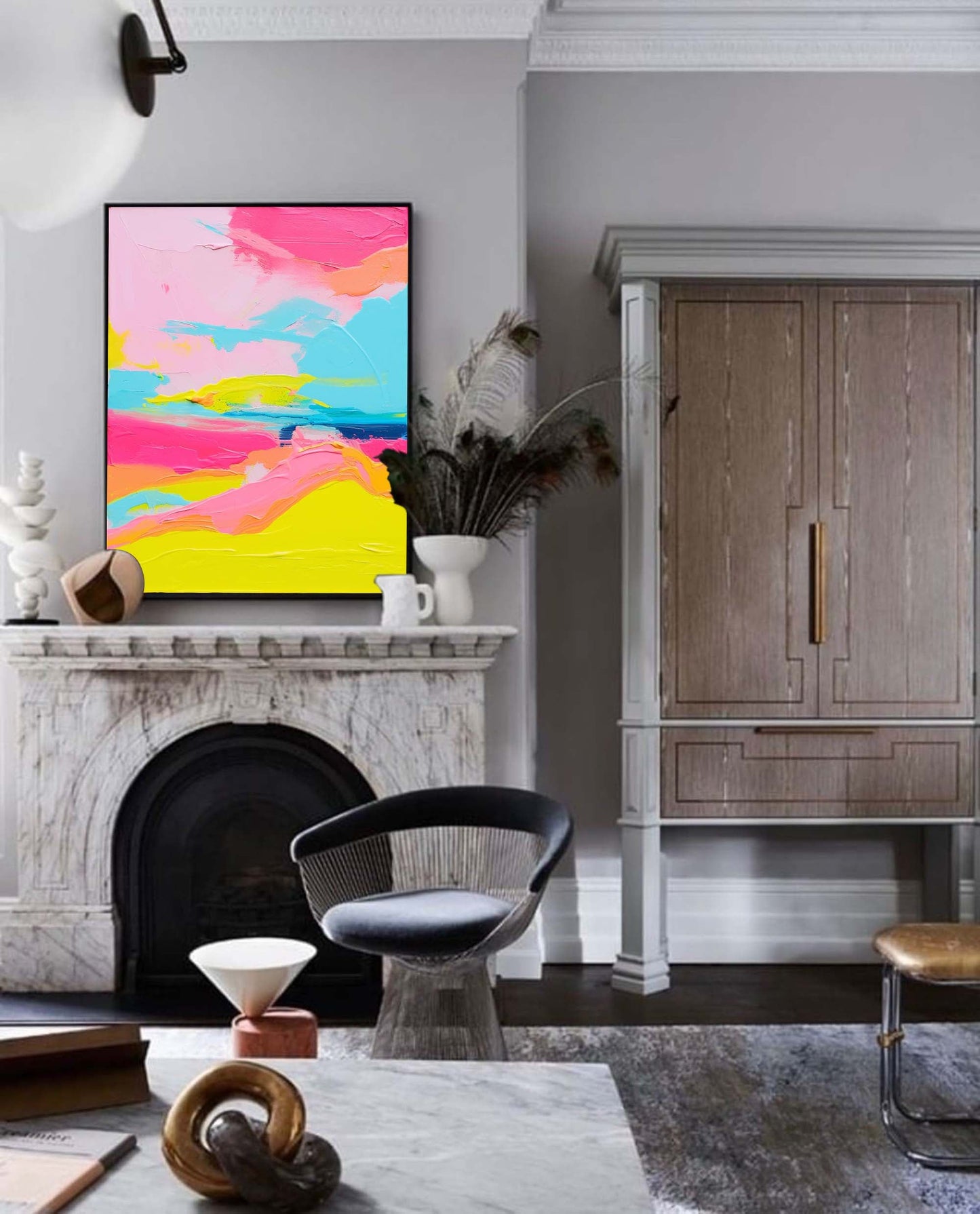 Vibrant Abstract Oil Painting in Pink, Blue, and Yellow - Modern Canvas Art for Home Decor