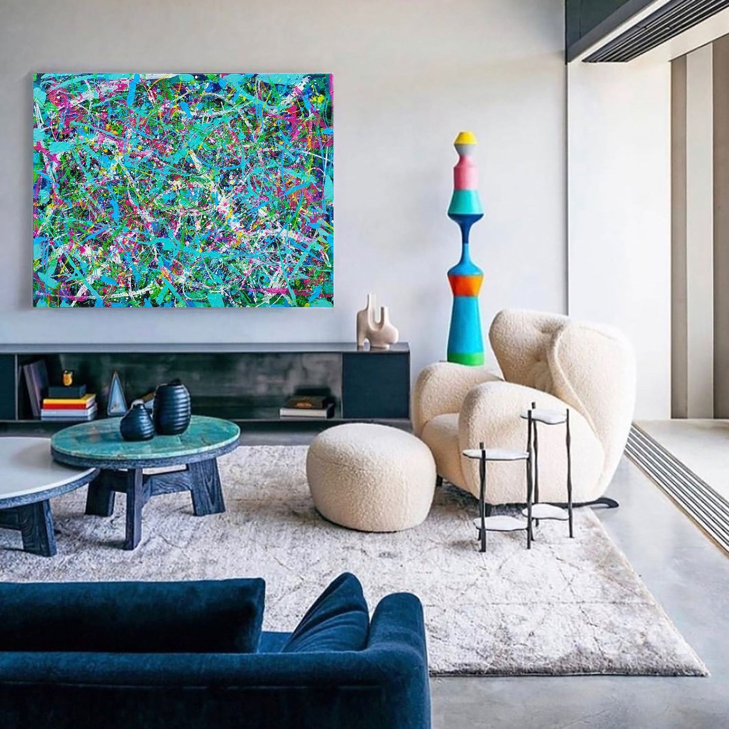 Vibrant Blue Abstract Oil Painting for Modern Living Room Decor