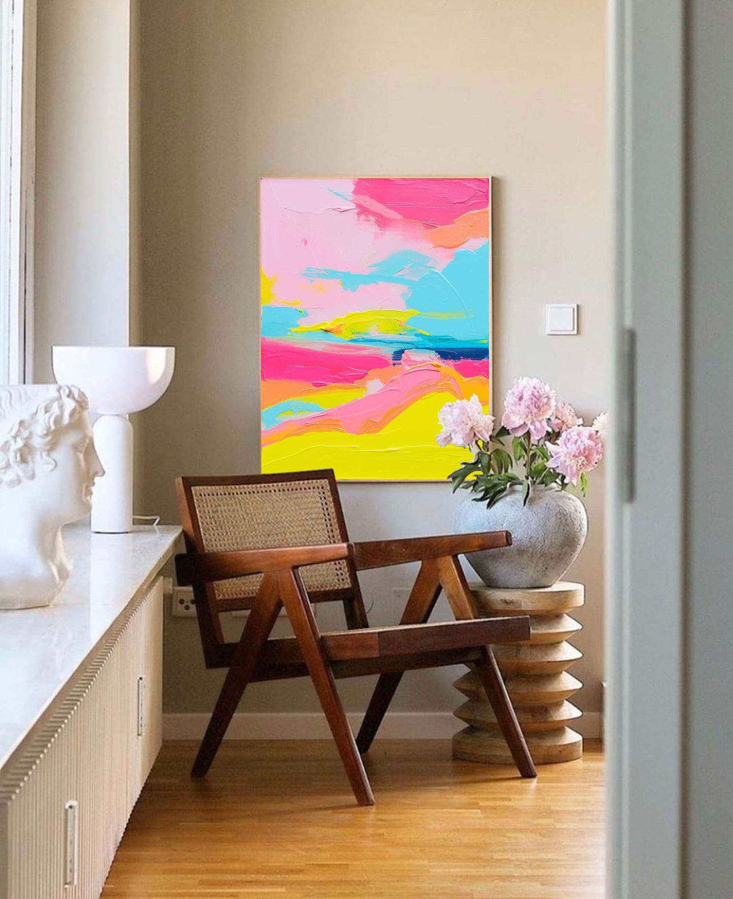 Vibrant Abstract Oil Painting in Pink, Blue, and Yellow - Modern Canvas Art for Home Decor