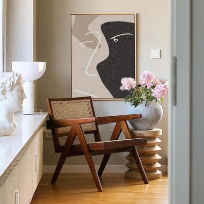 Contemporary Minimalist Beige and Black Abstract Oil Painting for Modern Decor