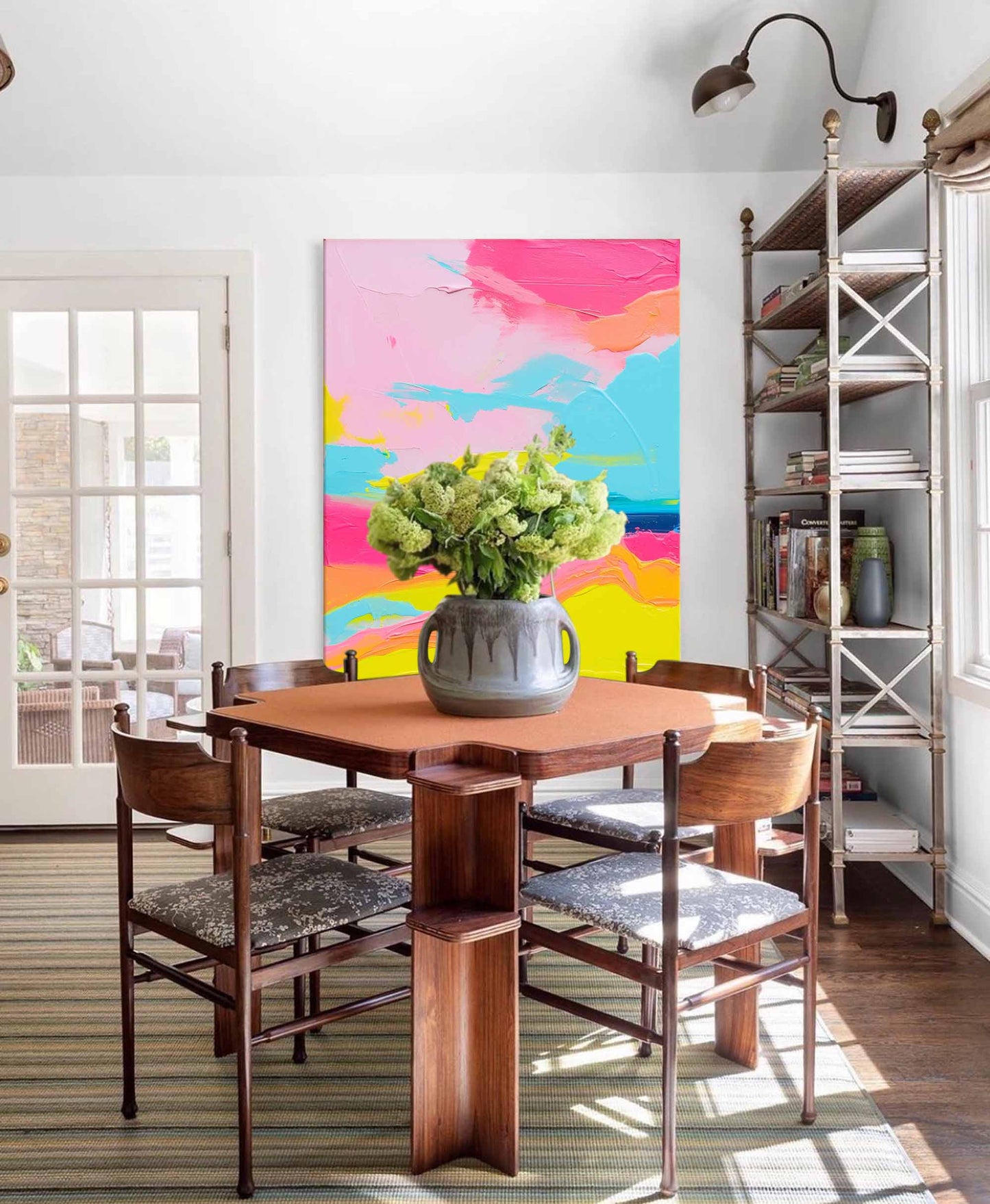 Vibrant Abstract Oil Painting in Pink, Blue, and Yellow - Modern Canvas Art for Home Decor