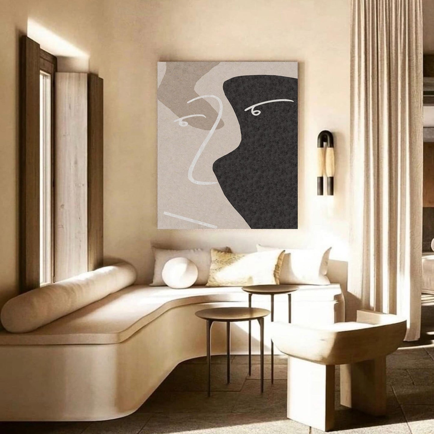 Contemporary Minimalist Beige and Black Abstract Oil Painting for Modern Decor