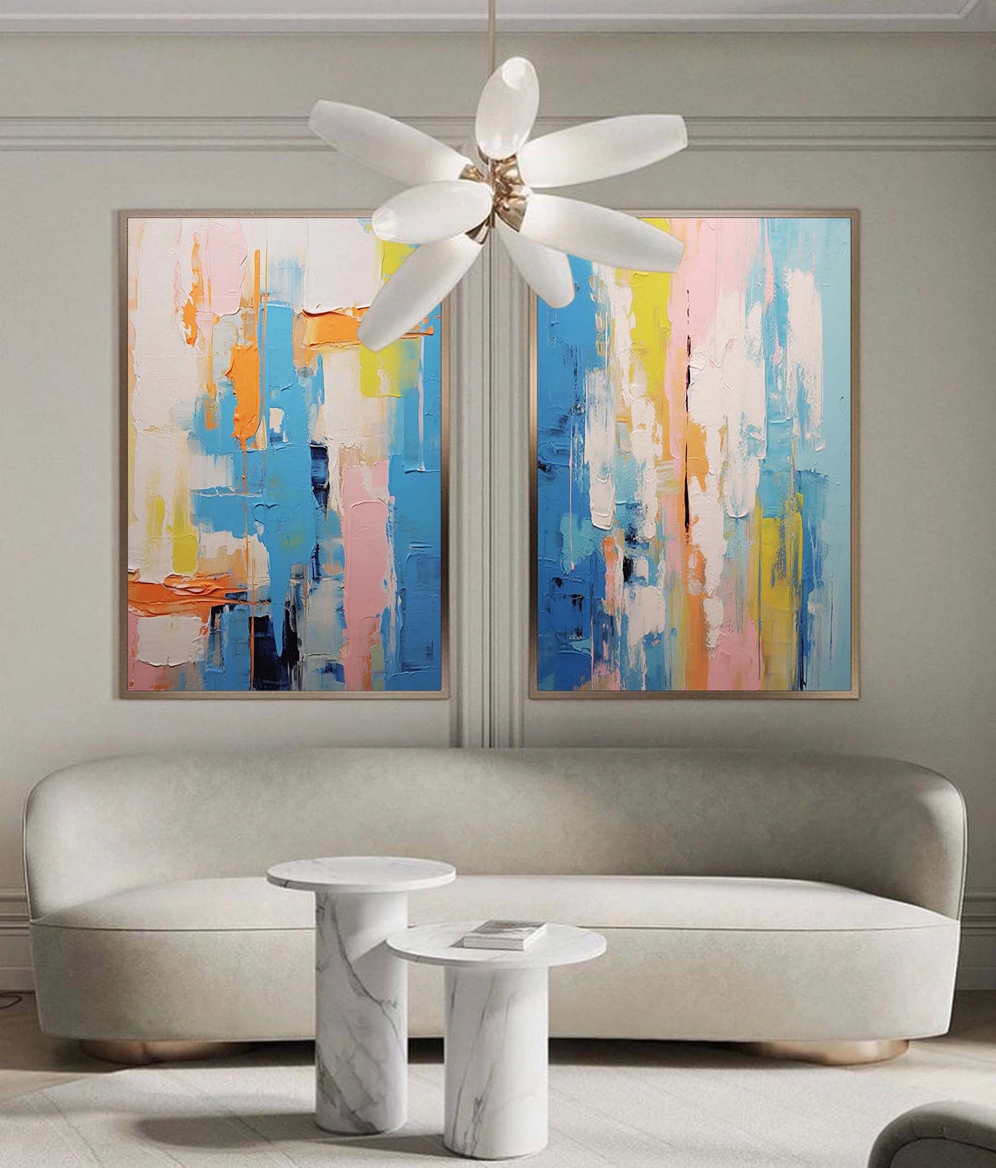 Vibrant Abstract Oil Painting Set in Blue, Pink, and Yellow for Modern Home Decor