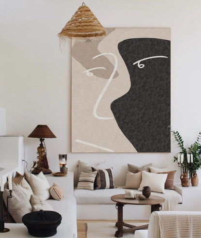 Contemporary Minimalist Beige and Black Abstract Oil Painting for Modern Decor
