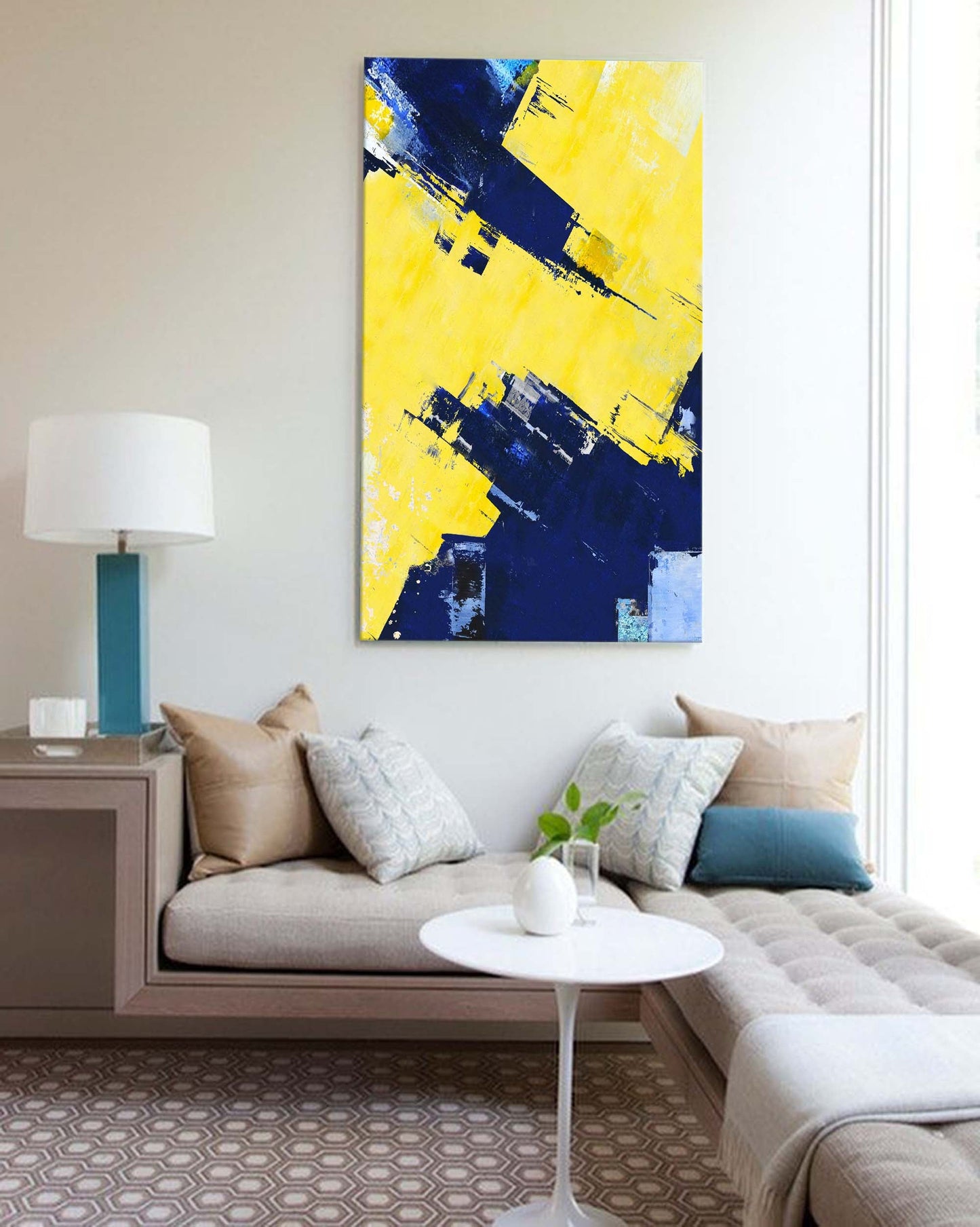 Vibrant Blue and Yellow Abstract Oil Painting for Modern Home Decor