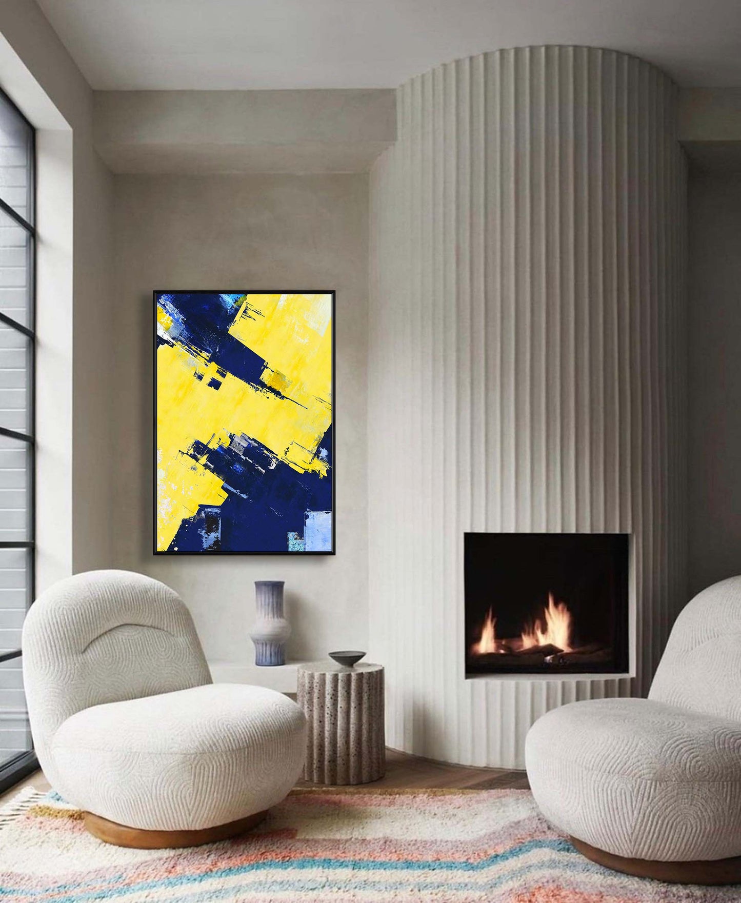 Vibrant Blue and Yellow Abstract Oil Painting for Modern Home Decor