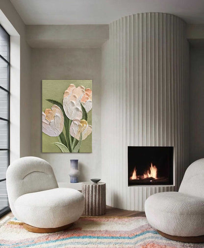 Elegant White Tulip Oil Painting on Green Canvas for Floral Home Decor