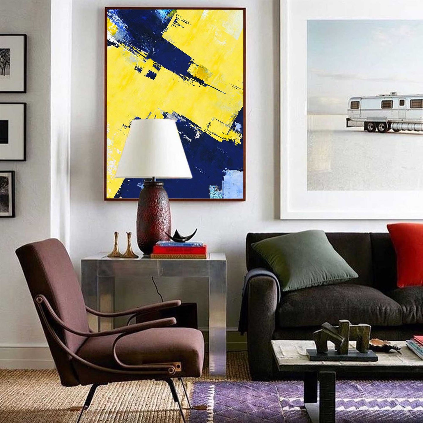 Vibrant Blue and Yellow Abstract Oil Painting for Modern Home Decor